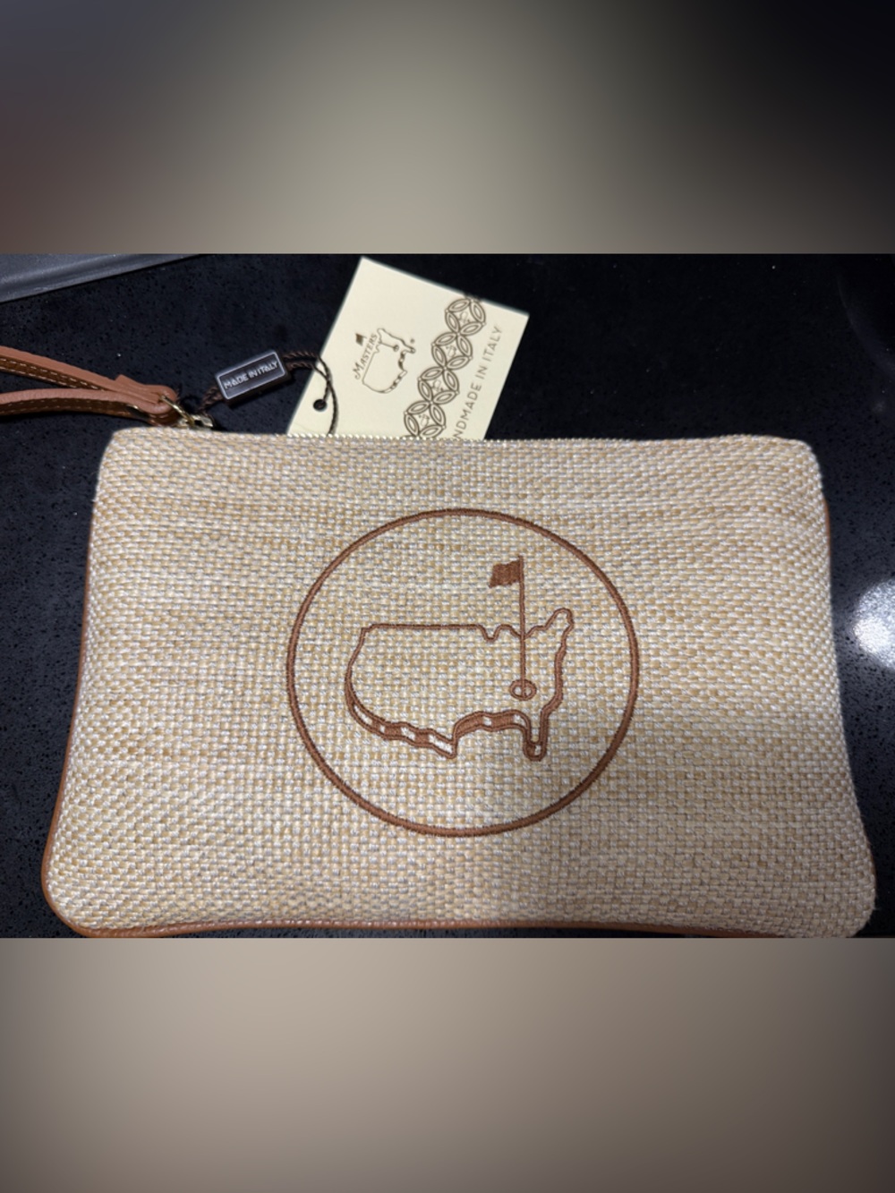 2026 Masters Handmade Beige Woven Wristlet with Brown Trim purse